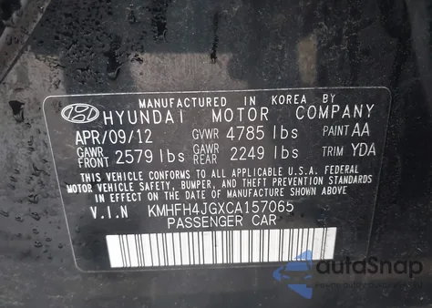 2012 Hyundai Azera из США, поврежденный, VIN KMHFH4JGXCA157065